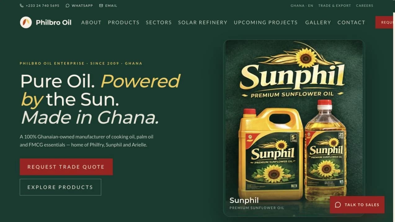 Philbro Oil public website showcasing its cooking oil range and trade enquiry links